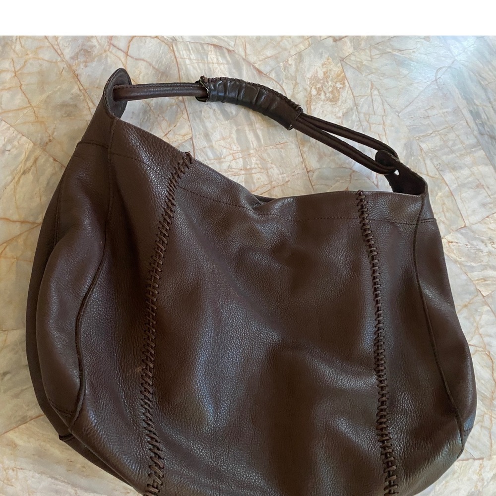 Allison Scott Brown Pebbled Leather Hobo Shoulder Bag Whipstitch Detail Large